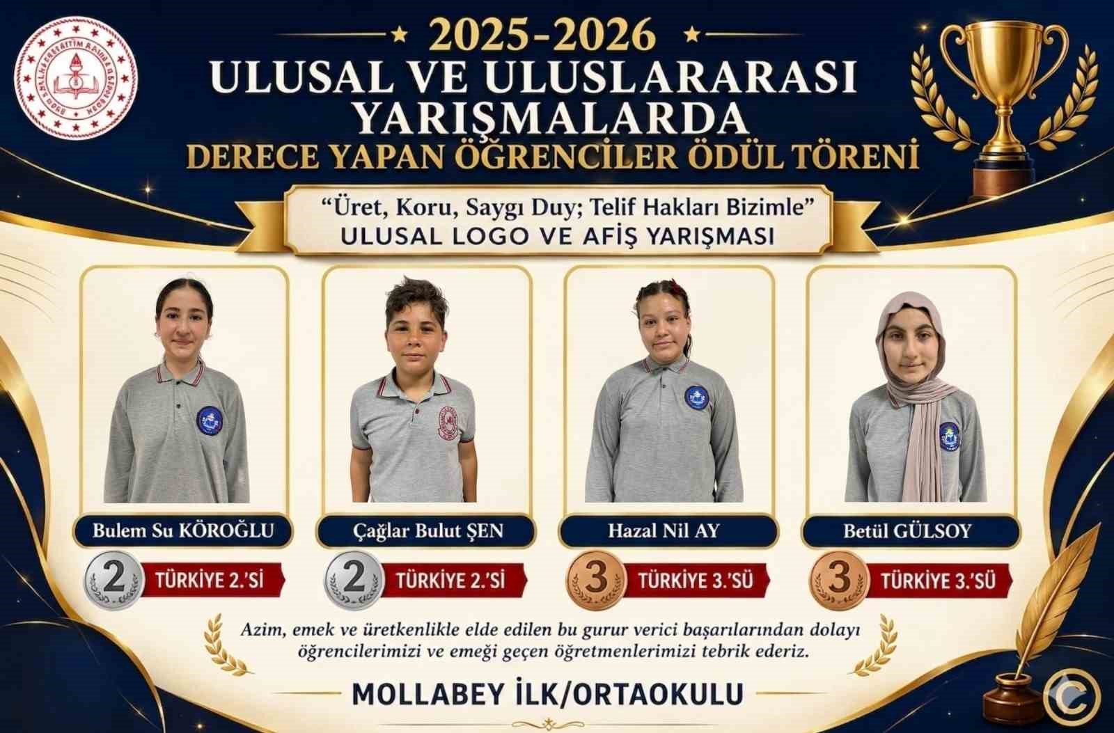 Mollabey Ortaokulu öğrencilerine Türkiye dereceleri için ödül