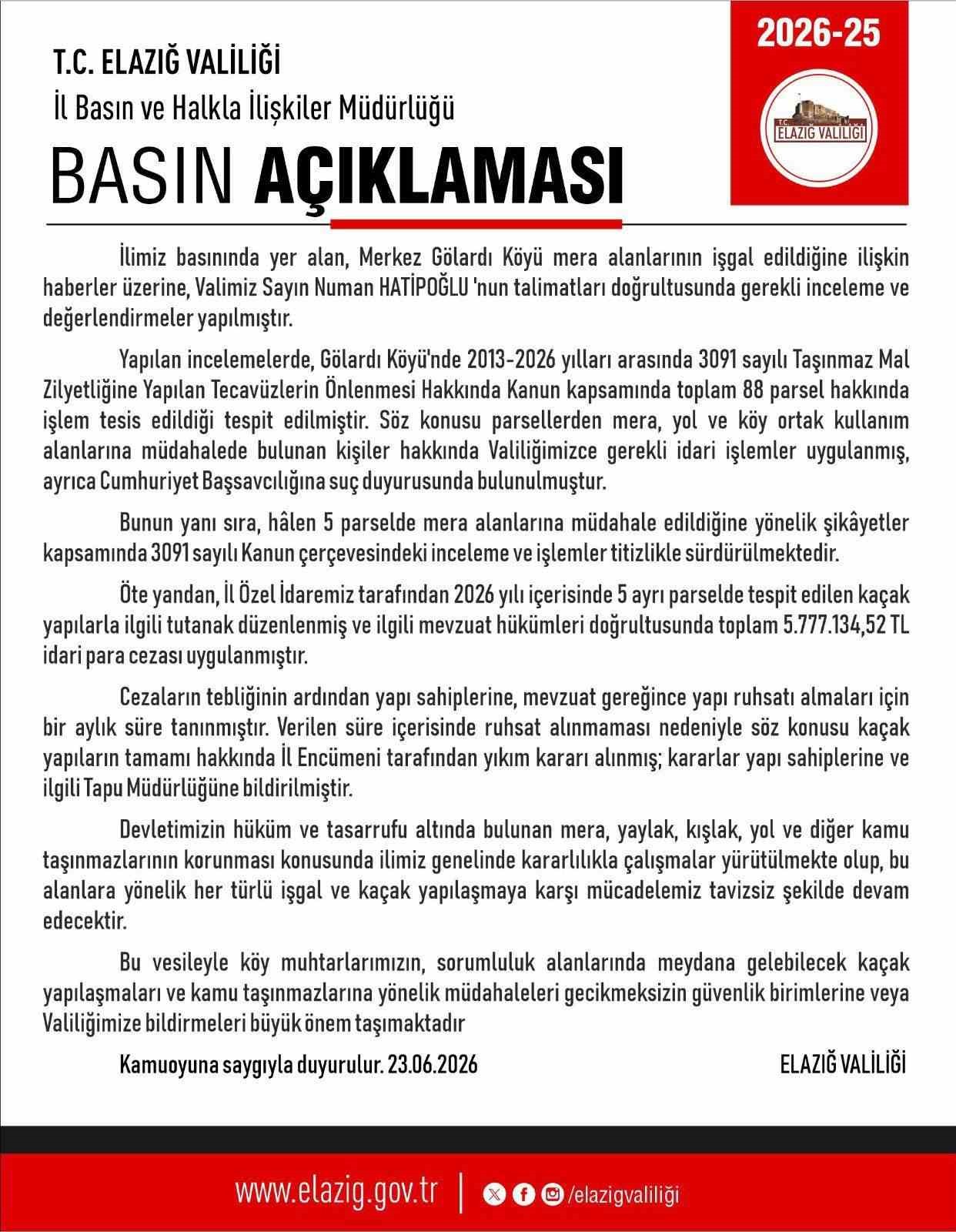 Elazığ’da kaçak yapılara 5 milyon 777 bin lira ceza ve yıkım kararı