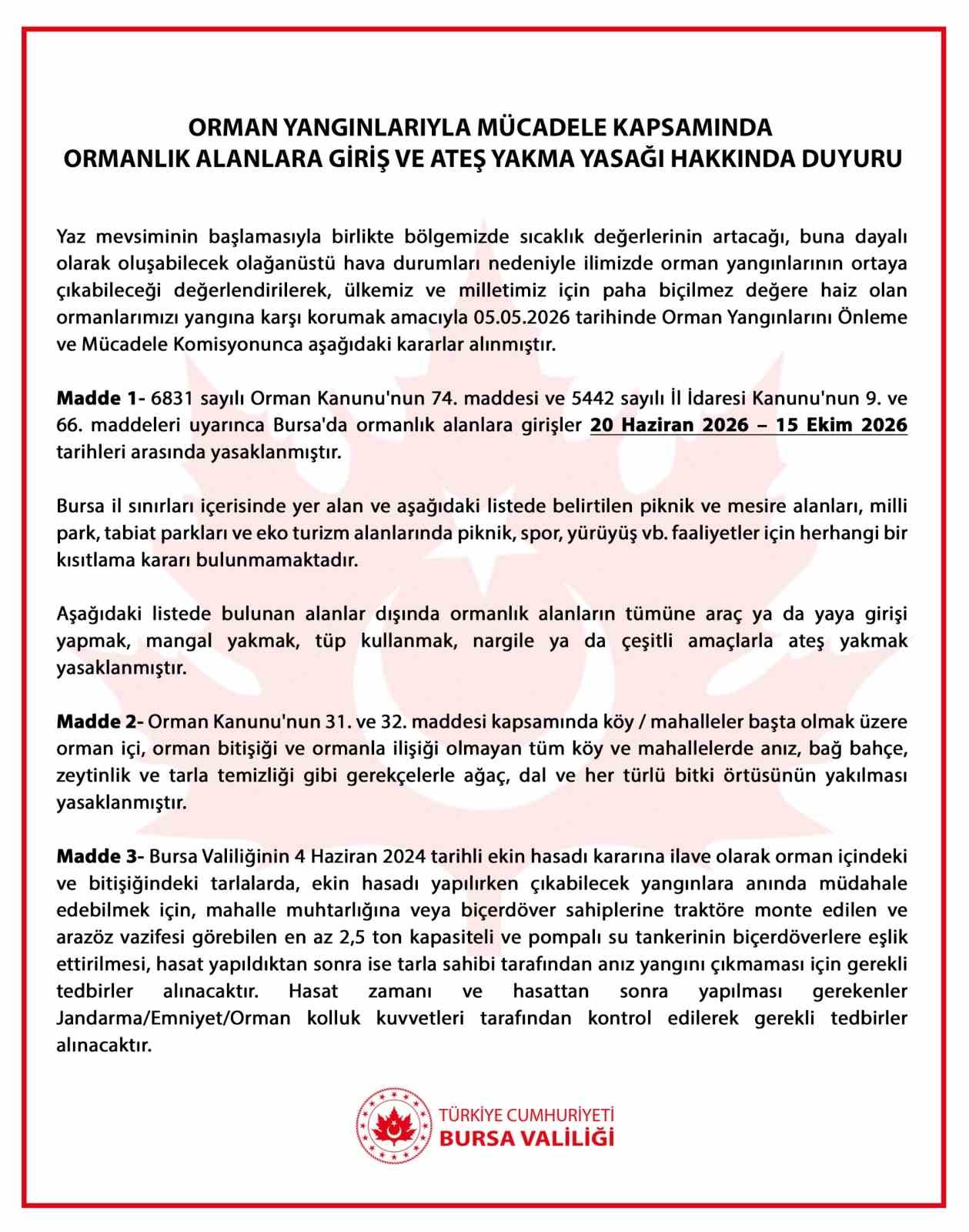 Bursa’da ormanlara girişler yasaklandı