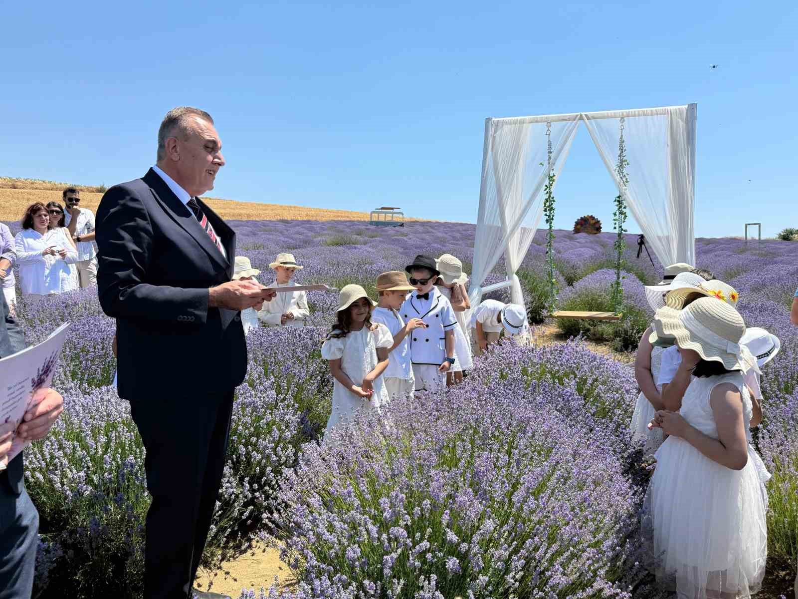 Lavanta tarlasında mor renkli karne sevinci