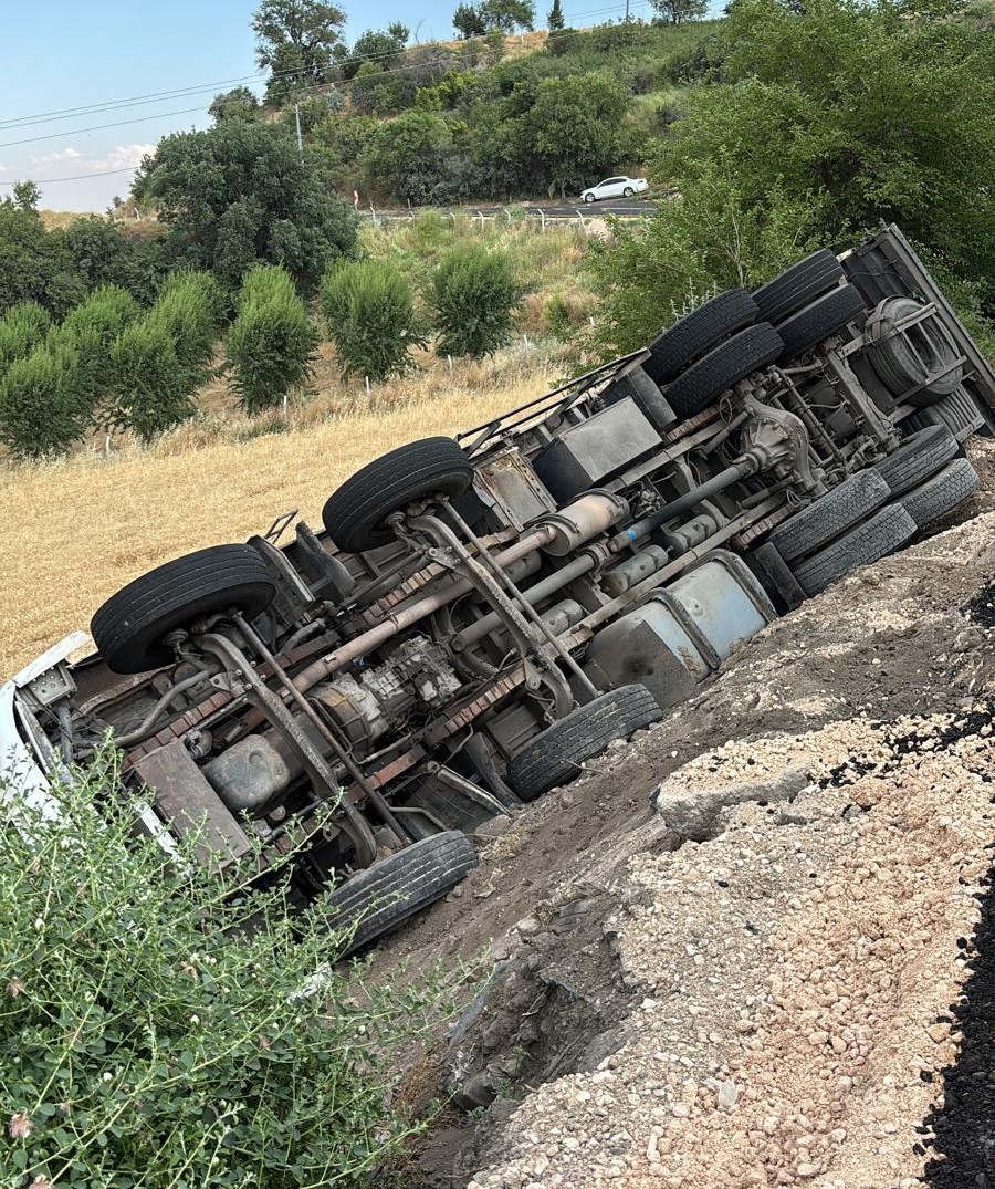 Arpa yüklü kamyon şarampole devrildi