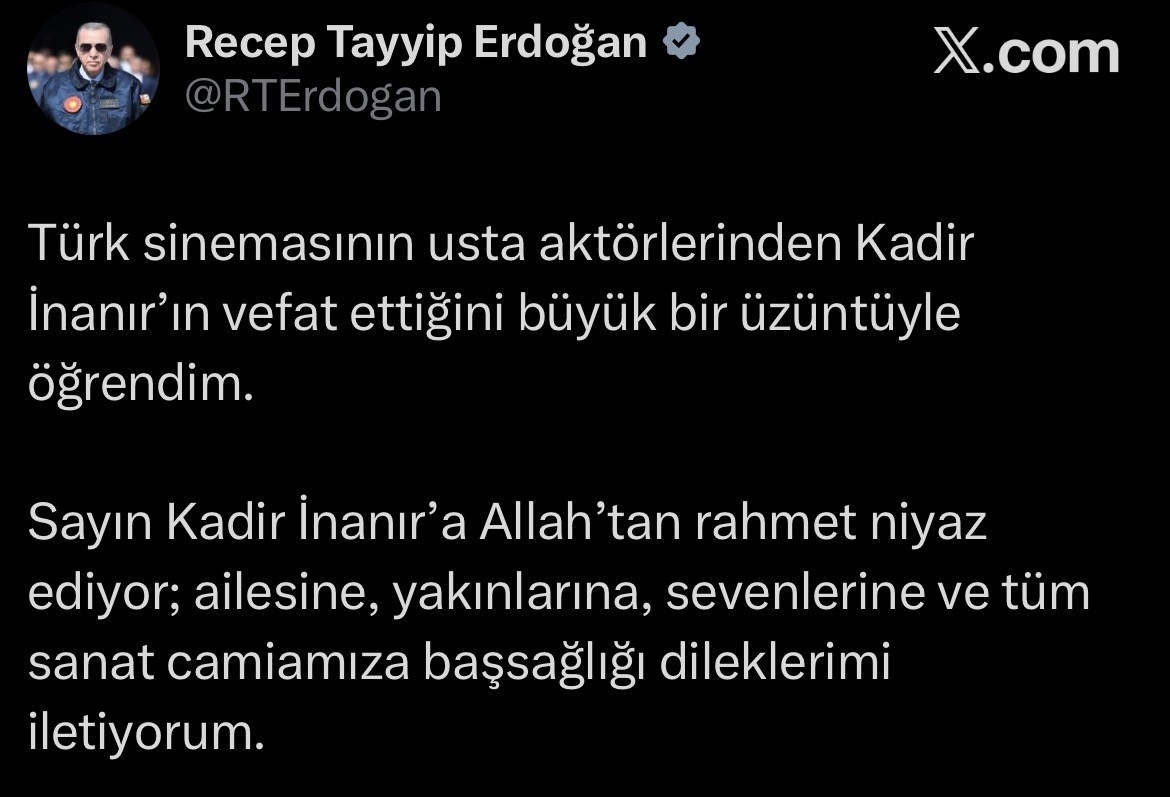 Cumhurbaşkanı Erdoğan’dan Kadir İnanır için taziye mesajı