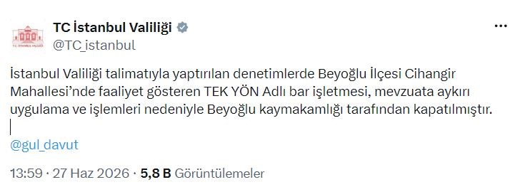 Beyoğlu’nda bir bar işletmesi kapatıldı