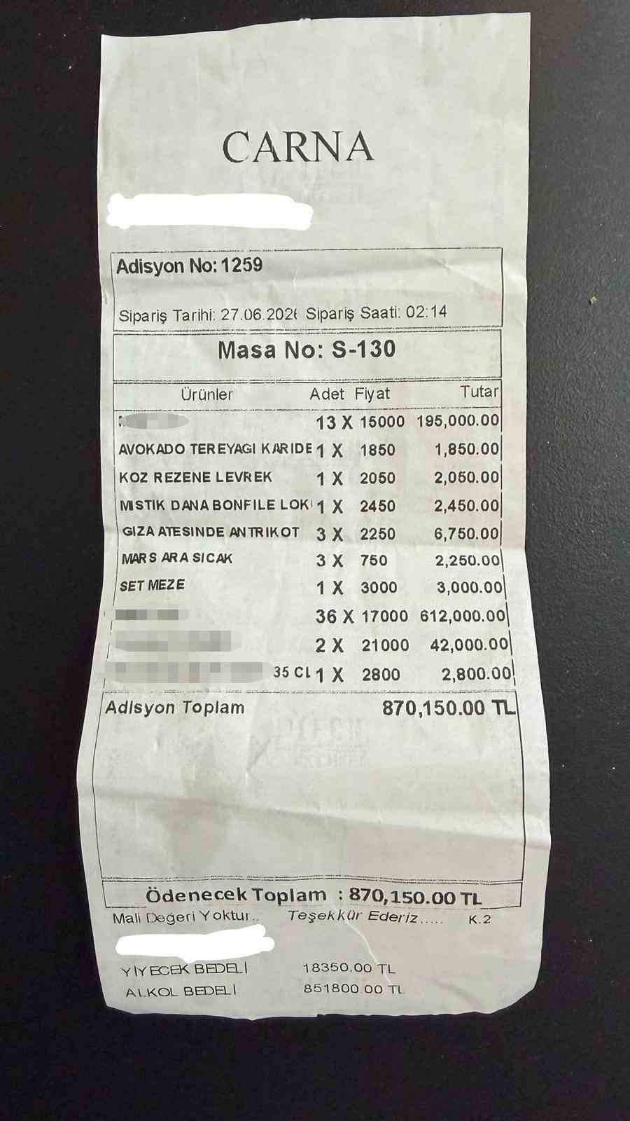 Adisyon değil servet: Tam 870 bin 150 TL