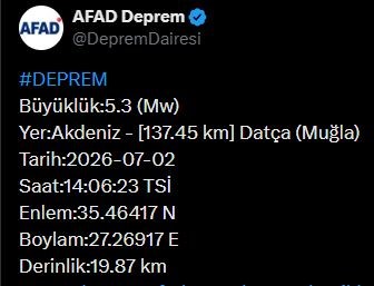 Muğla’da 5.3 büyüklüğünde deprem