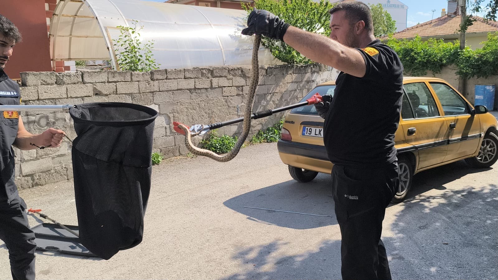 Otomobilin altına giren yılan itfaiye ekiplerince çıkarıldı