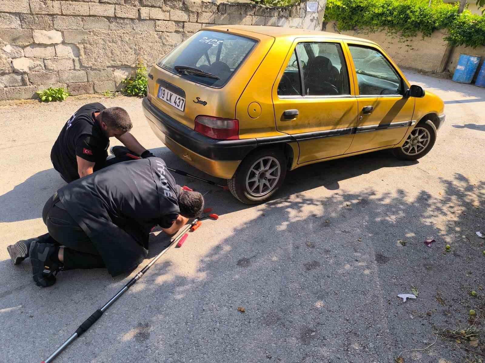 Otomobilin altına giren yılan itfaiye ekiplerince çıkarıldı