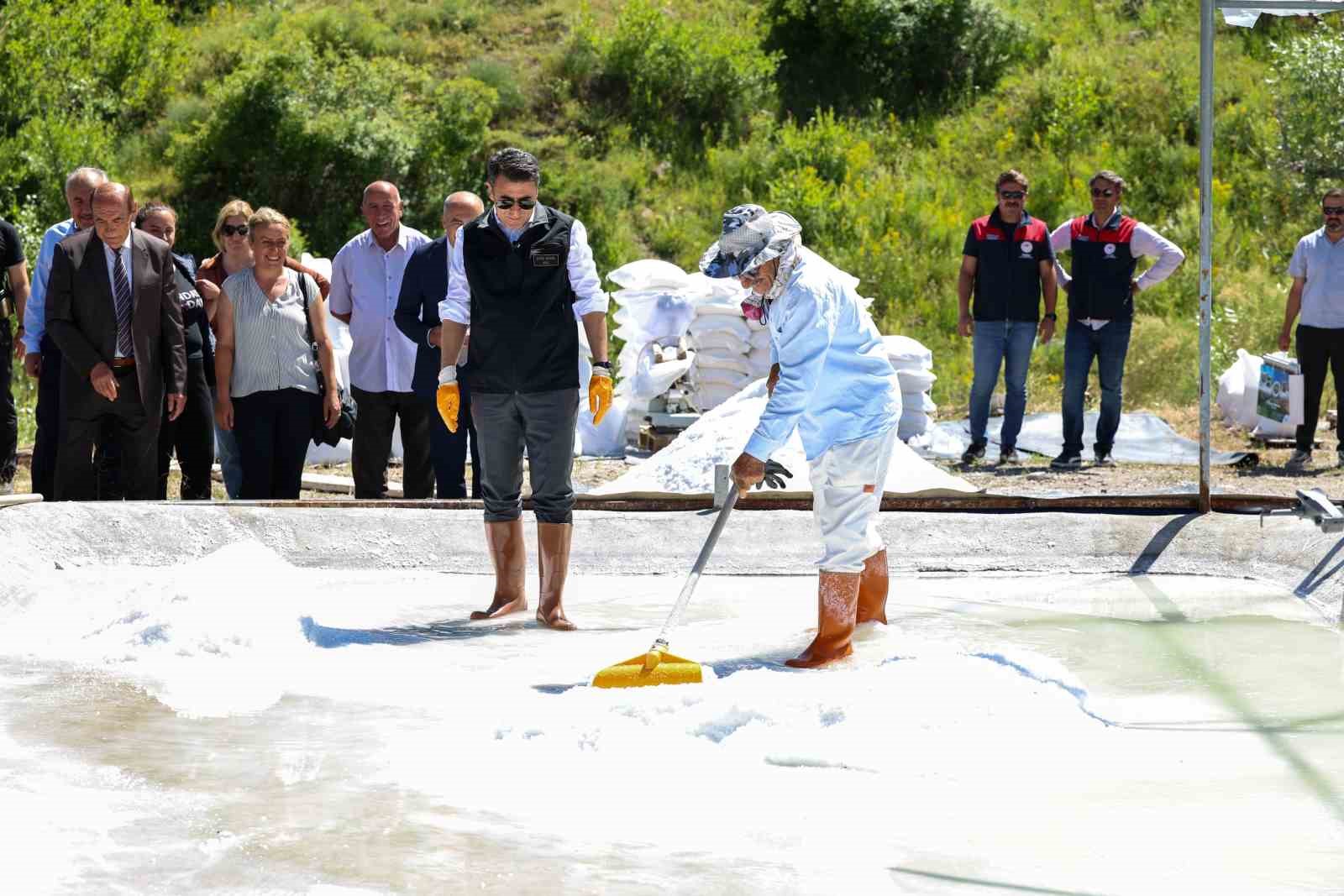 Vali Aygöl, tescilli Pülümür tuzunun üretimine kürek sallayarak eşlik etti