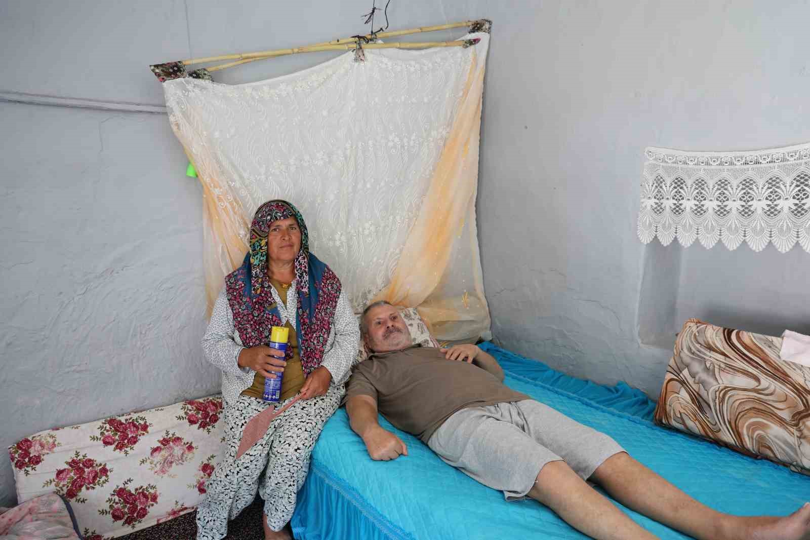 Felçli eşinin rahat etmesi için başında sinek nöbeti tutuyor