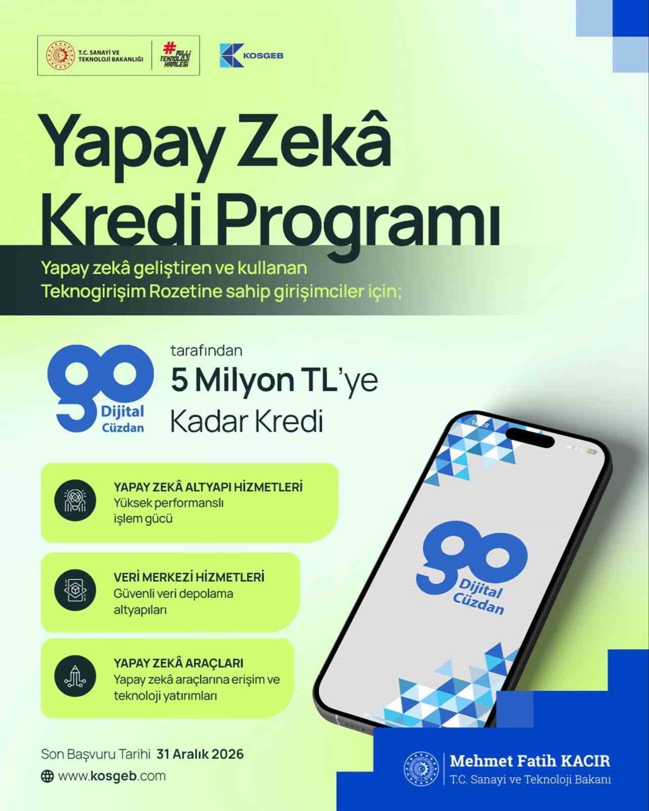 Yapay zeka geliştiren ve kullanan girişimlere 5 milyon liraya kadar kredi desteği verilecek