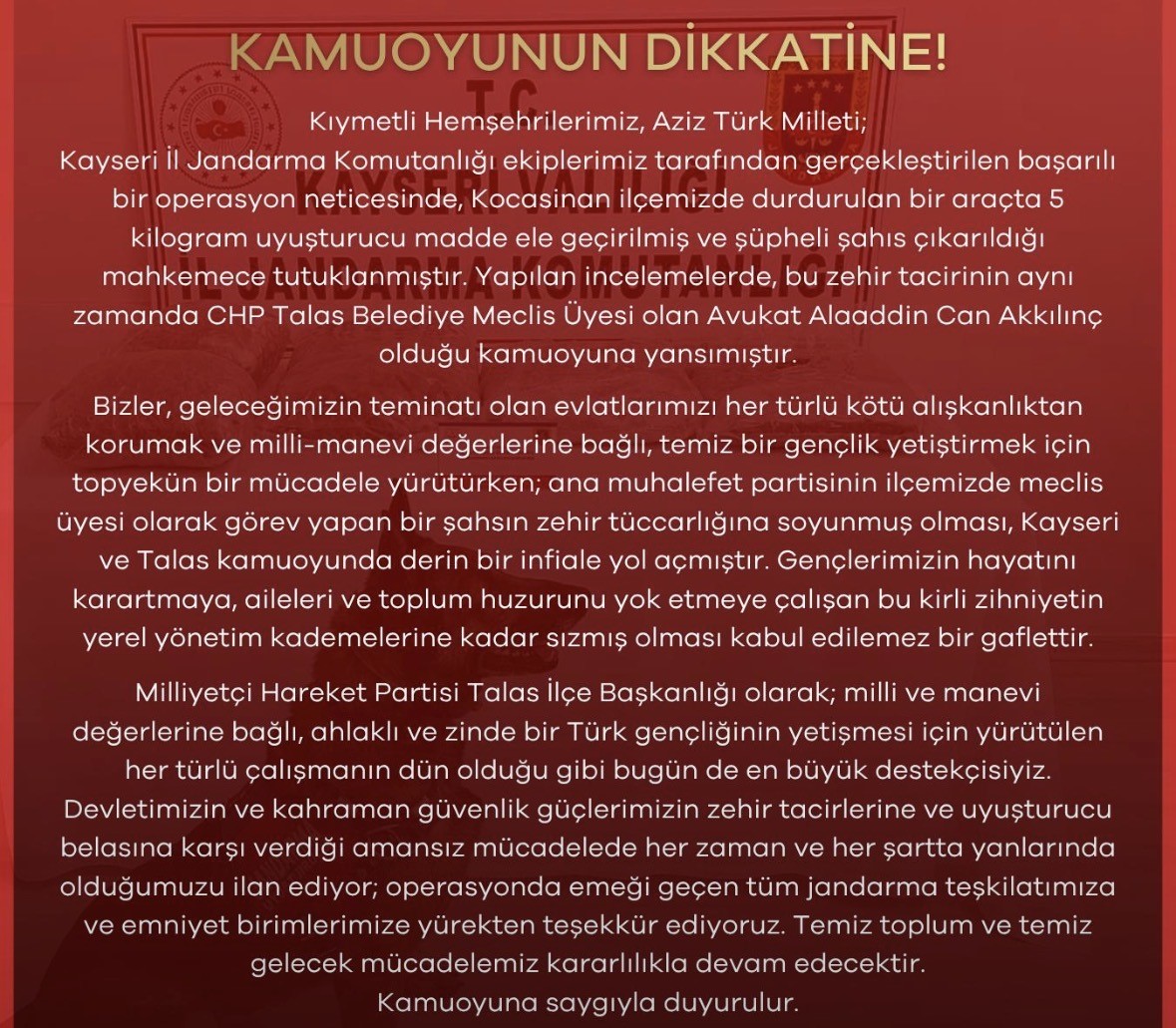 MHP’den uyuşturucuyla yakalanan CHP’li meclis üyesine tepki