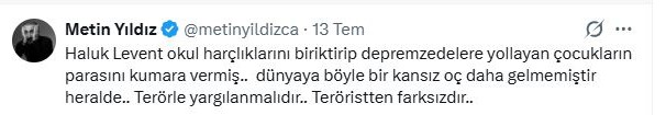 Oyuncu Metin Yıldız’dan Haluk Levent’e tepki: "Terörle yargılanmalıdır, teröristten farksızdır"