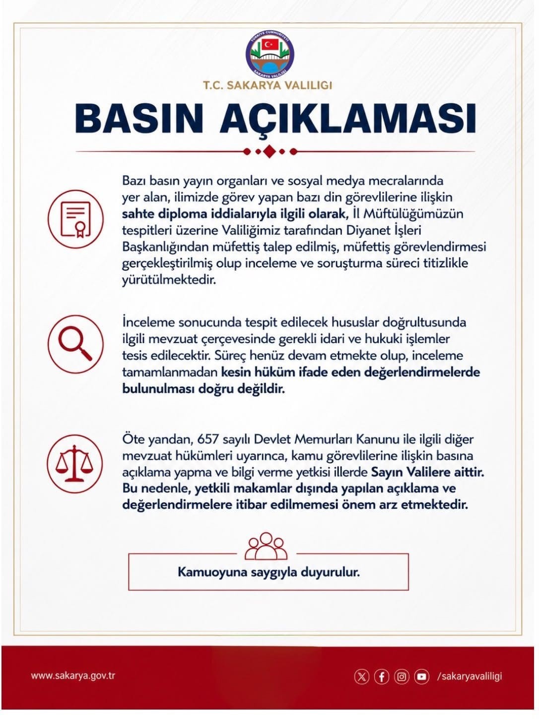 Sakarya Valiliğinden sahte imam iddialarına ilişkin açıklama